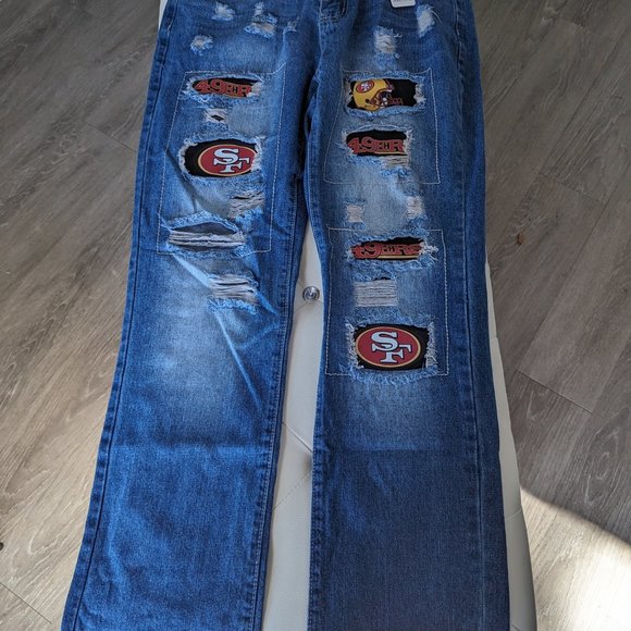 Women's High Rise Distressed Blue Jeans 49ers - Picture 6 of 9